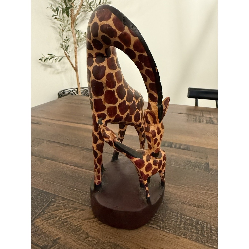 Vtg Hand Carved Wood Giraffe & Calf Sculpture African Safari Decor Made in Kenya